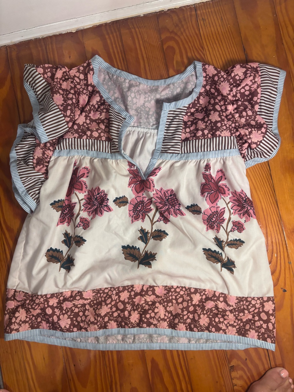 Anthropologie Pink Floral Patchwork Blouse with Brown Accents